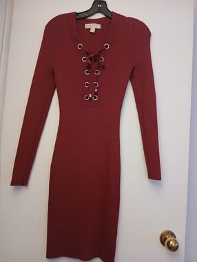 Michel Kors Ribbed Lace-Up Bodycon Dress - Burgundy/Red.Size S